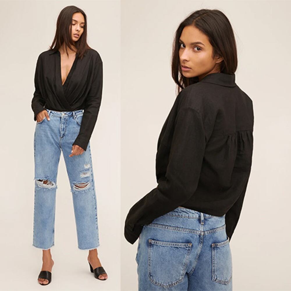 NWT Marissa Webb Maxwell Linen Long Sleeves Crop Top Shirt Black Size: Medium